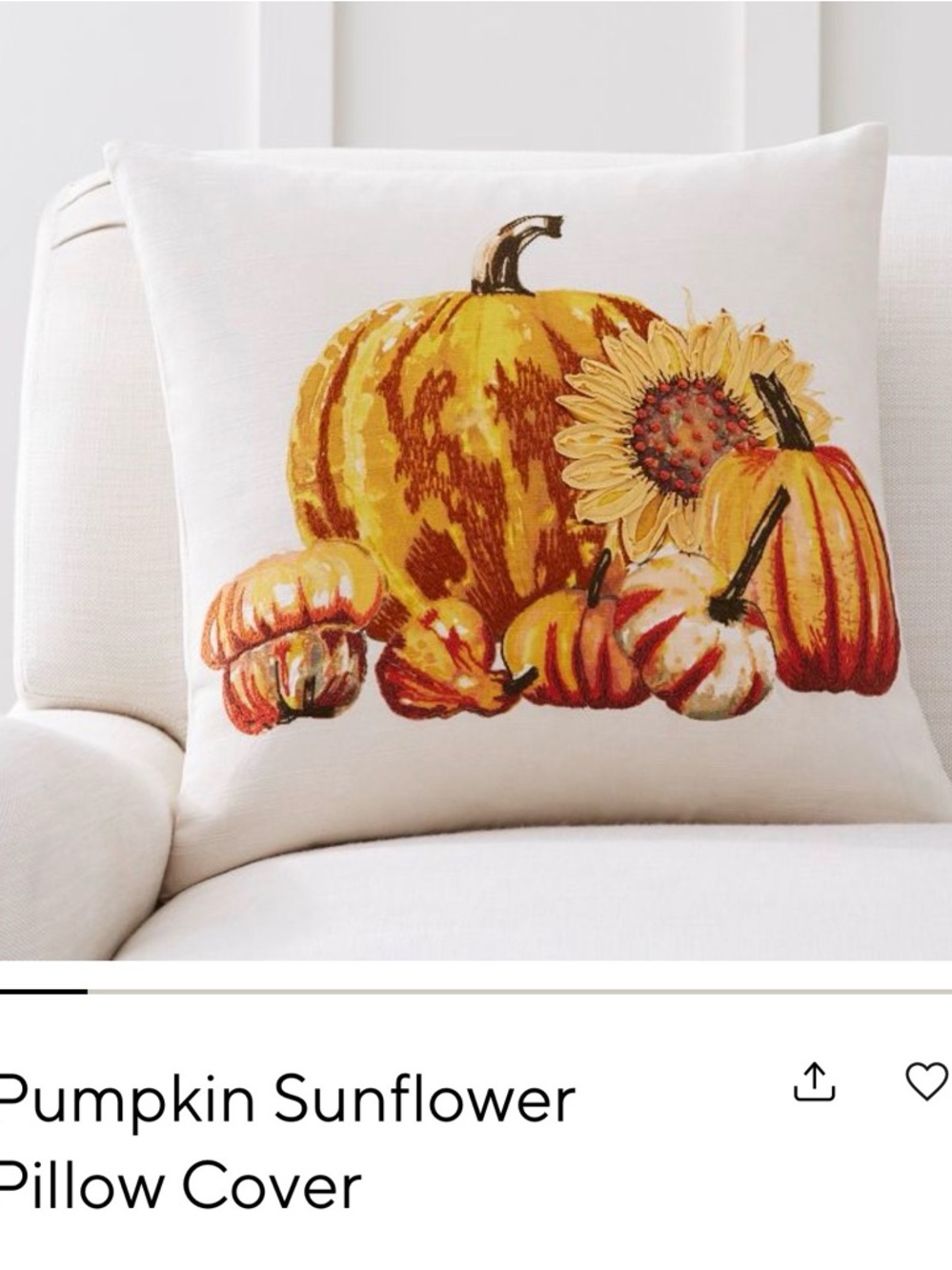 Pottery Barn White Pillow Cover with Orange Pumpkin & Sunflower Motif
